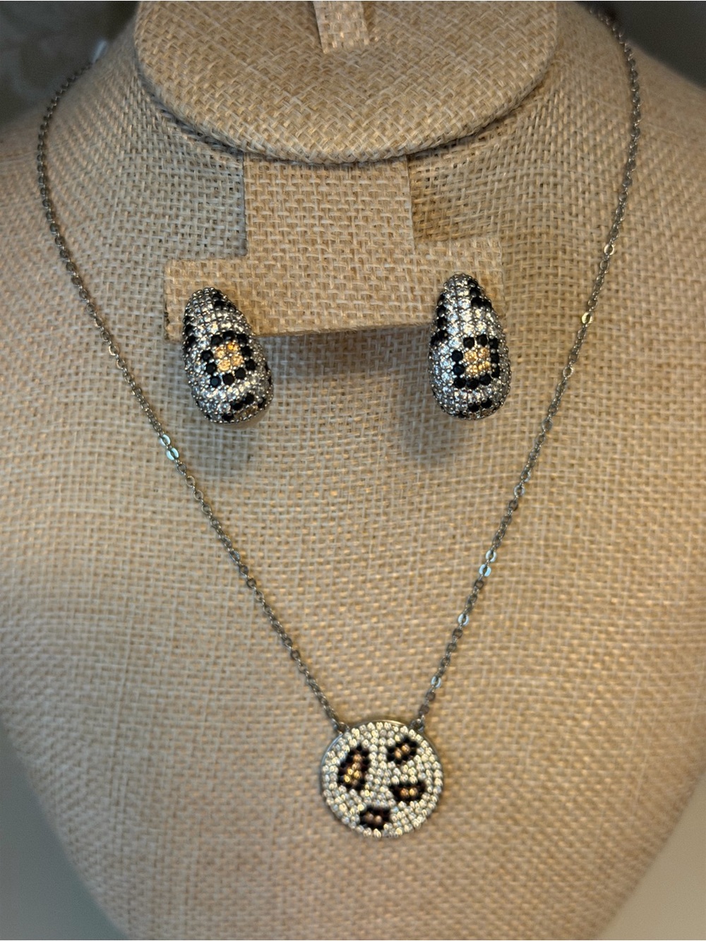 Pave Crystal Black and White Floral Circle Necklace and Earrings Set